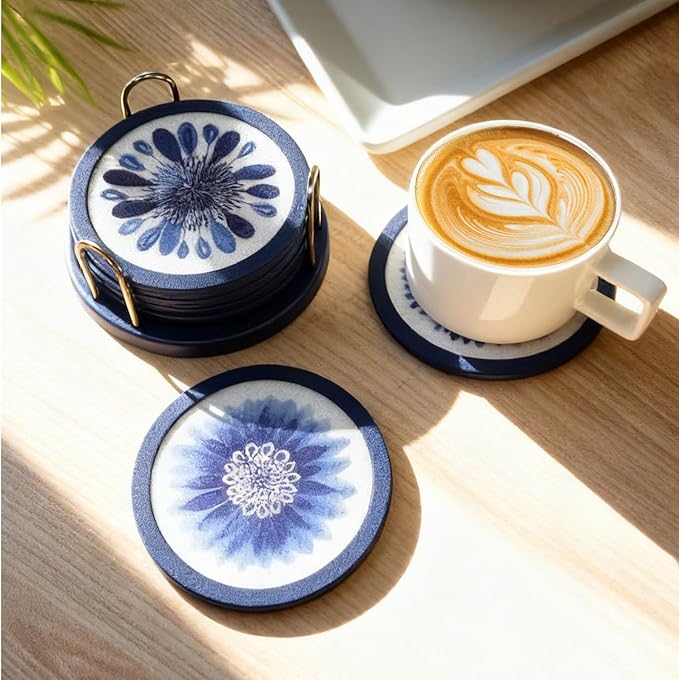 Indigo Floral Non-Slip Silicone Coasters, 4-Pack Double-Sided Absorbent Cup Mats for Hot & Cold Drinks, Scratch & Water Ring Protection for Wood Tables, Home Office Bar Use (6PC)