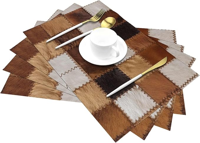 Cowhide Placemats Set of 4 Washable Table Place Mats for Dining Kitchen Party Decor