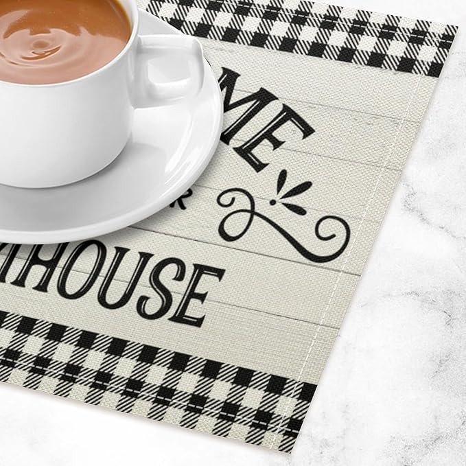 Vintage Farmhouse Placemat Set, Rustic Minimal Black White Check Inspirational Quotes Sketch Sunflower Pattern Home Decoration Linen Table Mats for Dining Room Kitchen Party (17x12in) x4P