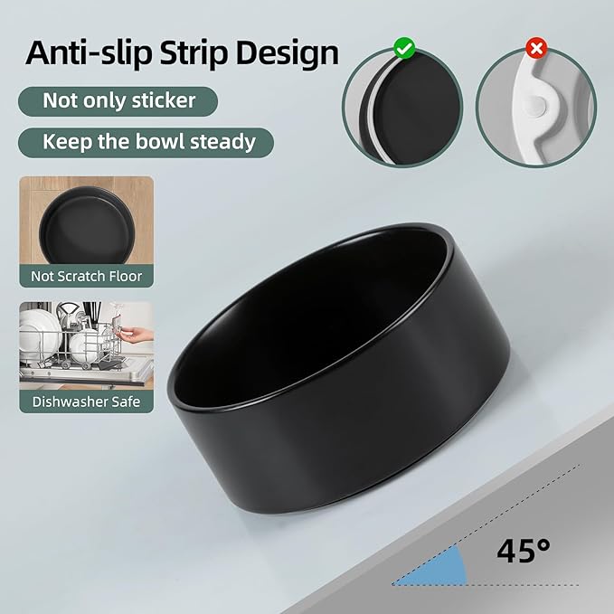 Non-Slip 8.2inch Ceramic Dog Food and Water Bowl for Large Breed Dogs, Pet Bowl for Replacement (Single Bowl, Black)