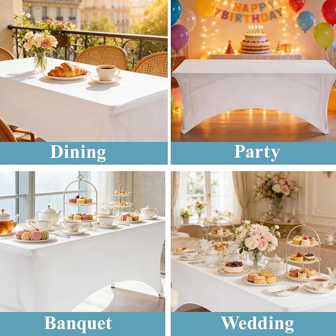VidaFete Spandex Tablecloth 2 Pack 6FT, Fitted Stretch Table Cover for Rectangle Tables, Wrinkle Resistant and Washable Tablecloths for Outdoor, Picnic, Party, Wedding, Banquet, Birthday, White