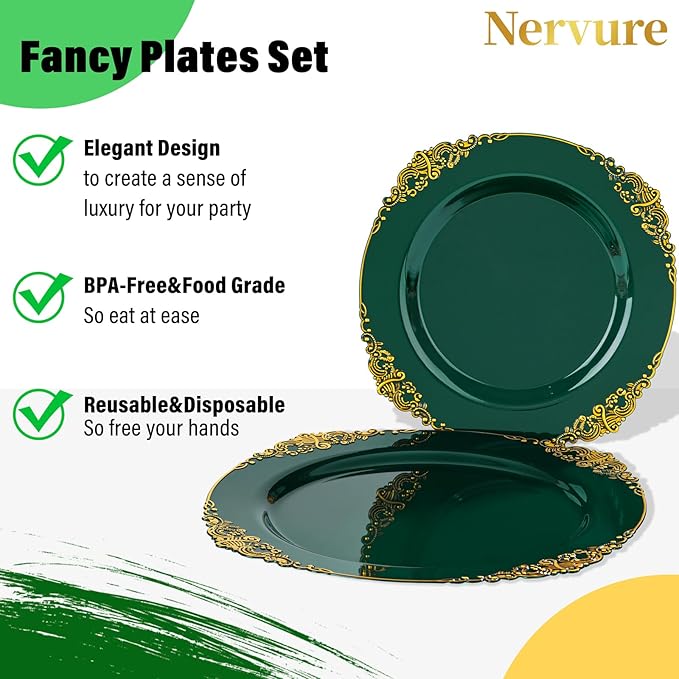 Nervure 175PCS Green Plastic Plates - Disposable Green Gold Party Plates & Pre Rolled Napkins with Cutlery for 25 Guests, 50Plates, 75Silverware, 25Cups, 25Napkin for Wedding & Party