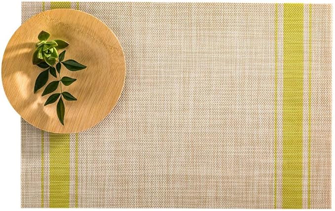 Restaurantware French Countryside 16 x 12 Inch Dining Table Placemats Set Of 6 Heat-Tolerant Kitchen Table Mats - Pear Stripe No Stain Khaki Vinyl Woven Rectangle Placemats Easy To Clean