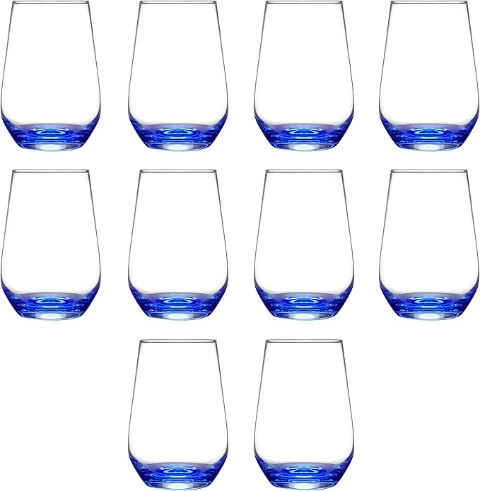 DISCOUNT PROMOS 10 Vaso Silicia Stemless Wine Glasses Set, 16 oz. - Clear, Orb-Like, Thick base - Blue
