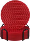 Coasters Set of 6 with Holder,Coasters for Drinks,Coffee Table Decor Coaster,Suitable for Kinds Cups,Anti-Slip,Non-Stick,Silicone Cup Coaster and Living Room Decor (6 Pcs, Wine red)