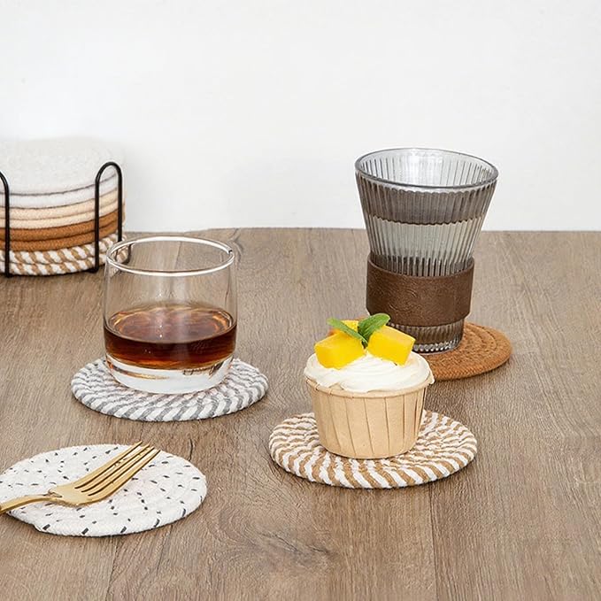 8 Pcs Drink Coasters with Holder, Handwoven Cotton Coasters Set Stackable Absorbent Minimalist Home Decor for Table, Cup, Mug (Golden)
