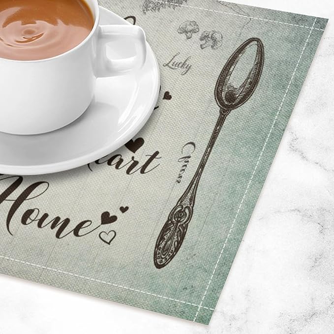 Retro Farmhouse Placemat Set, Minimal Green Gradient Rustic Plank Art Sketch Cutlery Knife Fork Inspirational Quotes Pattern Home Decor Linen Table Mats for Dining Room Kitchen Party (17x12in) x2P