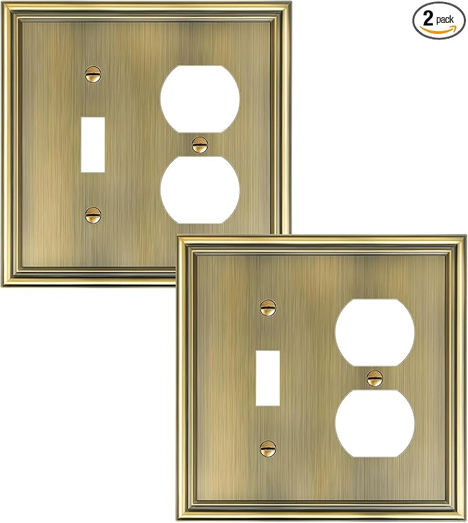 2-Pack Combo Toggle/Duplex Light Switch Cover Plate, Antique Brass Wall Outlet Cover Plate, Decorative Wall Receptacle Cover for Electrical Outlets, Light Switch, Durable Solid Zinc Alloy
