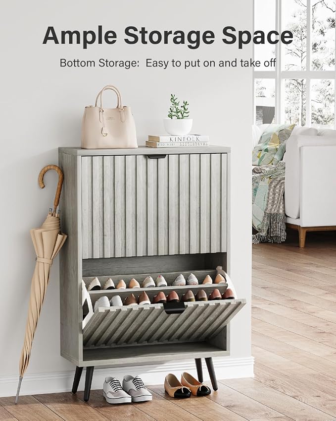 Shoe Storage Cabinet, Fluted Shoe Cabinet for Entryway, Grey Hidden Storage with Metal Legs, Flip Doors