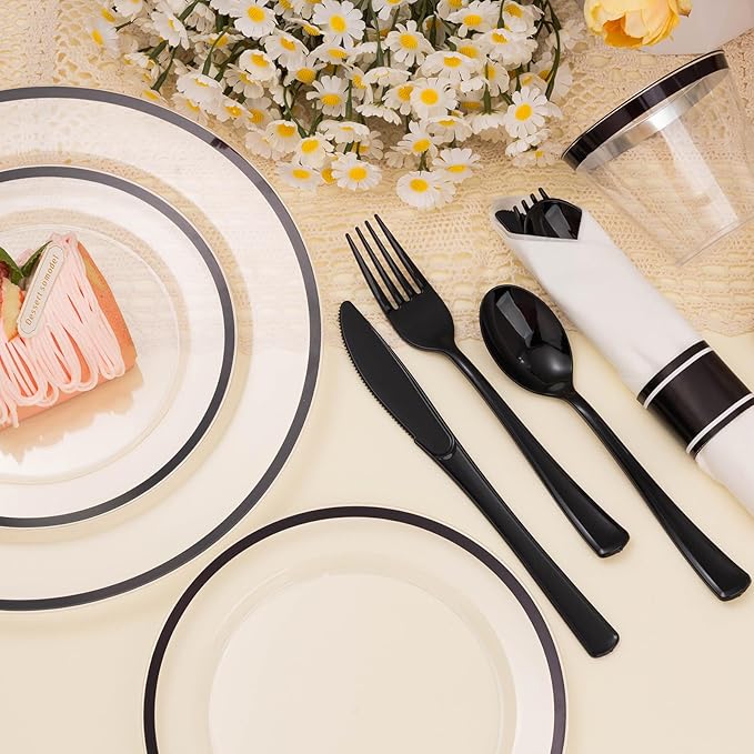 BESTSTAR 175PCS Clear and Black Disposable Plates Set for 25 Guests, 50 Plastic Plates, 25 Cups, 25 Pre-Rolled Napkins with Plastic Cutlery for Party, Birthday, Wedding, Thanksgiving, Christmas