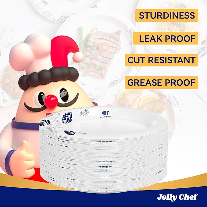 JOLLY CHEF 140 Count Paper Plates 10 inch Soak Proof, Cut Proof, Heavy Duty Leaf Printed Disposable Paper Plates for Everyday Use