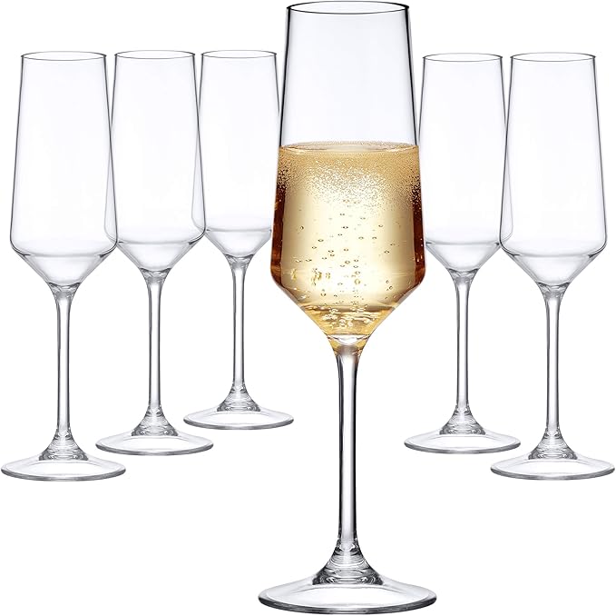 Amazing Abby - Stella - 8-Ounce Unbreakable Tritan Champagne Flutes (Set of 6), Plastic Wine Glasses, Reusable, BPA-Free, Dishwasher-Safe, Perfect for Poolside, Outdoors, Camping, Picnic, and More