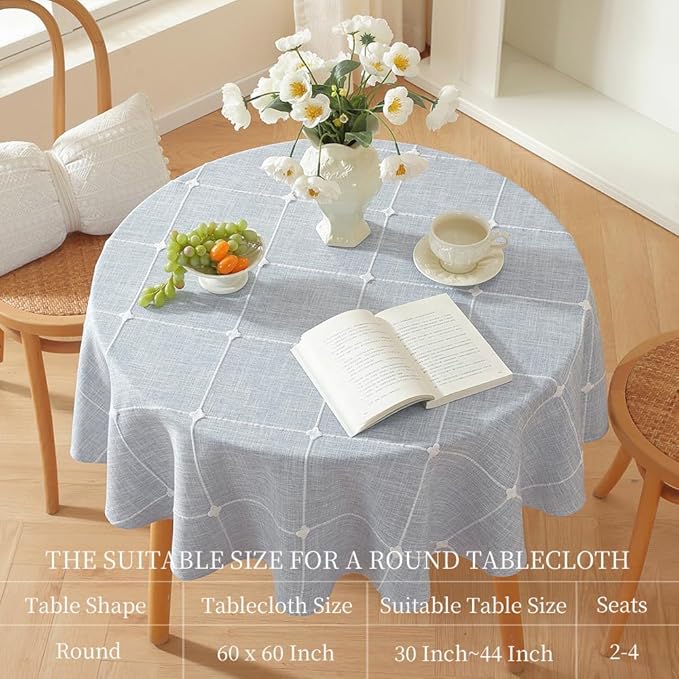 Zobesta 60 Inch Round Tablecloth Blue, Linen Round Table Cloth 60 Inch Washable Farmhouse Soft Boho Tablecloth for Outdoor, Party, Holiday, Picnic, Dining