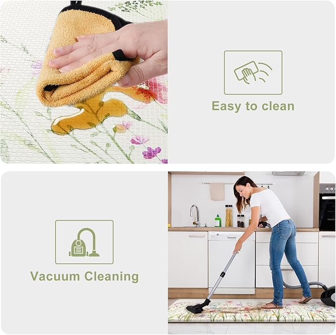 KIMODE Anti Fatigue Kitchen Mats for Floor 2 Piece, Cushioned Floral Kitchen Rugs, Memory Foam Kitchen Floor Mats, Summer Standing Desk Mats for Laundry Office Sink White 20"x71"+20"x32"