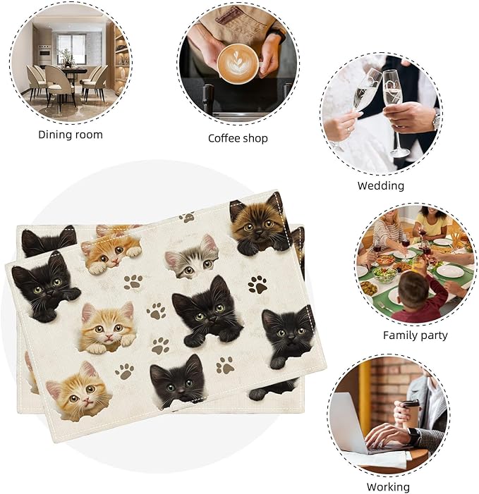 Cat Placemats Set of 6, Cute Black Cats Table Mats, Animal Washable Place Mats for Coffee Bar Home Party Indoor Kitchen Dining Table Decoration 12x18 Inch