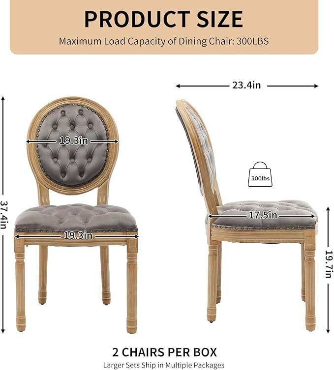 Vintage French Dining Chairs Set of 6, Round Back Velvet Upholstered Accent Chairs with Nailhead Trim and Solid Wood Frame, Elegant Sillas de Comedor for Dining Room & Kitchen, Gray