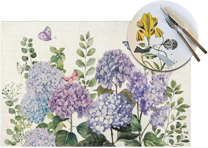 Spring Placemats 12x18 Inches Set of 4,Blue Violet Hydrangea Floral Decorative Rectangle Summer Seasonal Flower Decoration Table Mats for Party, Home Kitchen,Dining Table Decor