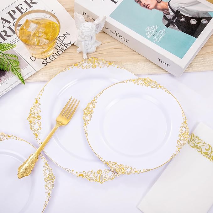 Hioasis 210pcs White and Gold Plates - White Party Plates for 30 Guest, Include 60 Heavy-duty Plates(20% Thicker Than Standard), 30 Pre Rolled Gold Plastic Silverware Set, 30 Cups