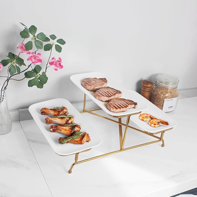 3 Tier Serving Trays for Party, 12.2 Inch Porcelain Serving Platters and Tiered Trays, Foldable Sturdy Gold Stand, for Food Display, Fruit, Cake Dessert, Decoration Entertaining, White