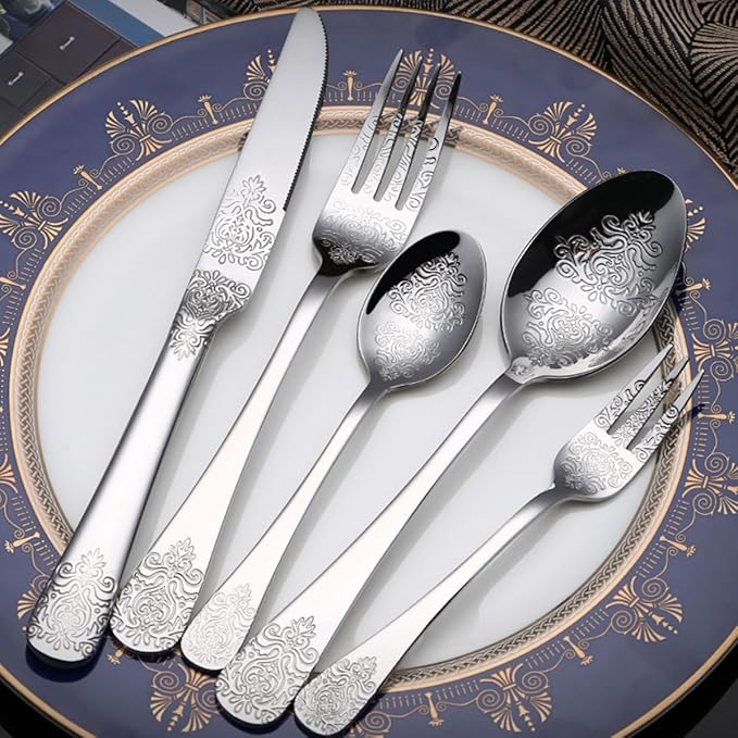 IKXO Silverware Set 60 Piece Silver Flatware Set for 12,Stainless Steel Flatware Cutlery Set For Home Hotel, Kitchen Utensils Set Include Fork Knife Spoon,Mirror Polished,Dishwasher Safe
