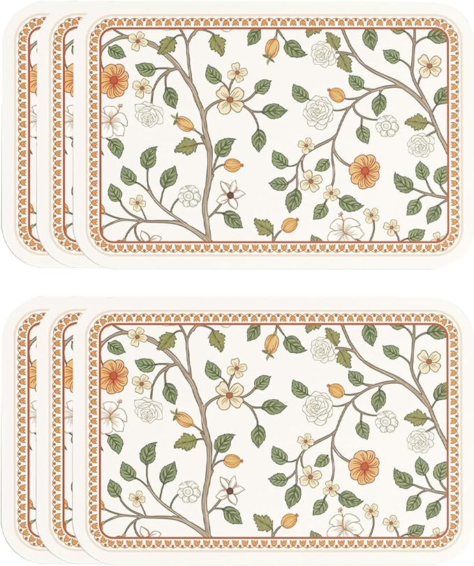 ISAENNE White PVC Placemats Set of 6,Rectangular Floral Placemats,Waterproof and Heat-Resistant Orange Flower Pattern,Decoration for Kitchen,Dinning,Parties, Holiday,12"*17"