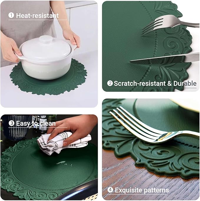 Noctiflorous Round Faux Leather 15 Inch Placemats Set of 6 Waterproof Wipeable Heat Resistant Tablemat for Dining Table Kitchen Non Slip Oilproof Table Place Mat for Indoor Outdoor(Green, 6)