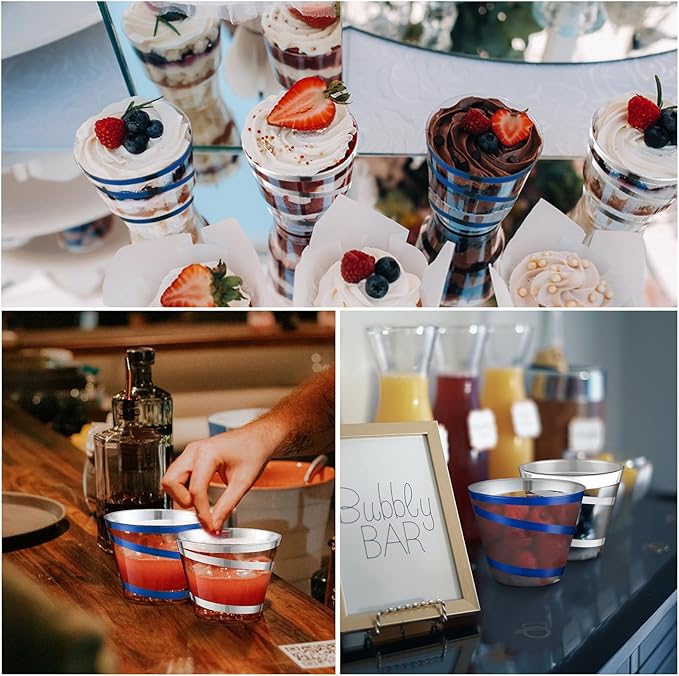 Gejoy 9 oz Rimmed Swirl Plastic Cups Disposable Wine Drinking Cups Clear Elegant Halloween Tumblers for Christmas Party Supplies(Silver, Blue,100 Pcs)