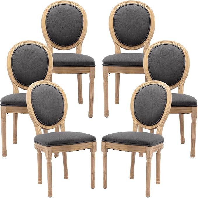 Vintage French Dining Chairs Set of 6, Round Back Accent Chairs with Linen Seat and Solid Wood Frame, Farmhouse Sillas de Comedor Upholstered for Dining Room & Kitchen, Gray
