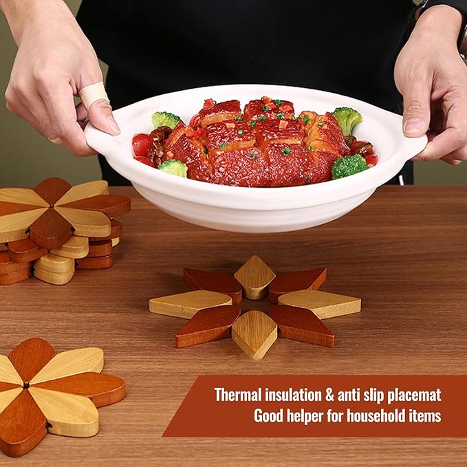 Wooden Tree Coaster, Trivet for hot Dishes, Trivet for hot Pot and Flat Bottomed pan, Wooden Windmill Cup Holder -3 or 4 or 5 Wooden mats+1 Bracket(Windmill placemats 4 pcs)
