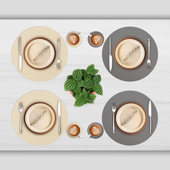 Myir JUN Round Placemats Set of 6 Faux Leather Place Mats and Coasters 15 inch Round Table Mats Dual Sided Non-Slip Stain Resistant Placemats (Gray & Wheat, Set of 6)