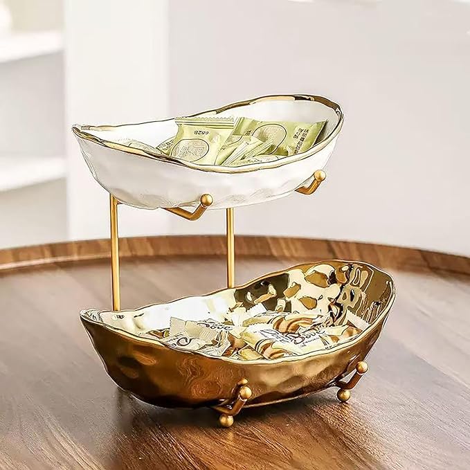 2-Tier Fruit Bowls for Kitchen Counter,Ceramic Bowl with Gold Metal Stand,2 Tier Fruit Basket for Fruit,Snack,Cake,Nuts,Dessert Space Saving Storage