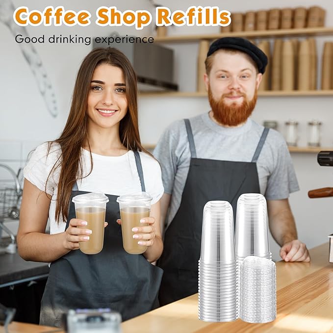 25 Sets 18 oz Clear Plastic Cups with Strawless Sip Lids, Thickened Clear Disposable Plastic PET Crystal Cups for Iced Coffee, Smoothie, Cold Beverage, Drink Shops and Party Catering