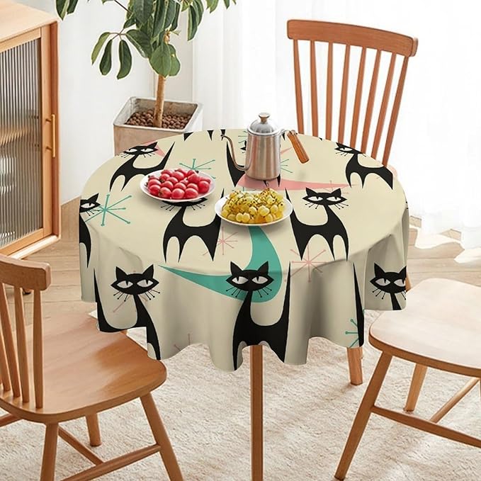 Mid Century Colorful Modern Cat Round Tablecloth, Medieval Bohemian Abstract Animal Tablecloth for Home Party Dining Room Kitchen Decor 36Inch(90cm)