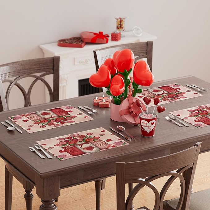 XCHI Roses Flowers Love Hearts Vase Valentine’s Day Placemats Set of 8 Table Mats for Party Home Kitchen Dining Table Decorations 12x18 Inch