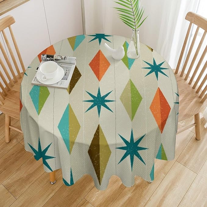 Mid Century Round Tablecloth, Modern Colorful Abstract Geometric Retro Art Printed Tablecloth for Home Party Dining Room Kitchen Decor 70Inch(178cm)