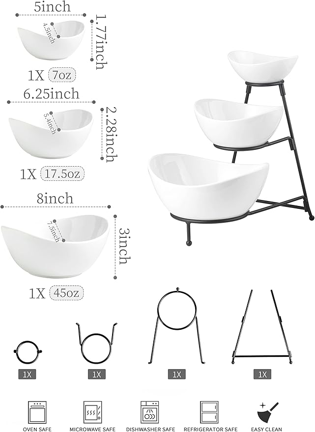 3 Tier Serving Bowls with Stand, Serving Dishes Chips and Dip Serving Set for Entertaining Party, Ceramic Serving Bowl Food Display for Fruit Salad Soup Snacks, Microwave & Dishwasher Safe