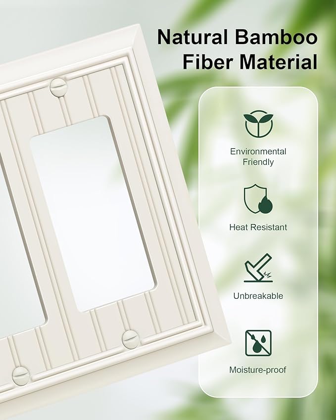 2-Pack Classic Beadboard Decorative Tripple Decorator Outlet Cover Plate, Durable Natural Bamboo Fiber Light Almond Wall Plate for Electrical Outlets, Receptacle, GFCI Outlet, Dimmer Switch, 3-Gang