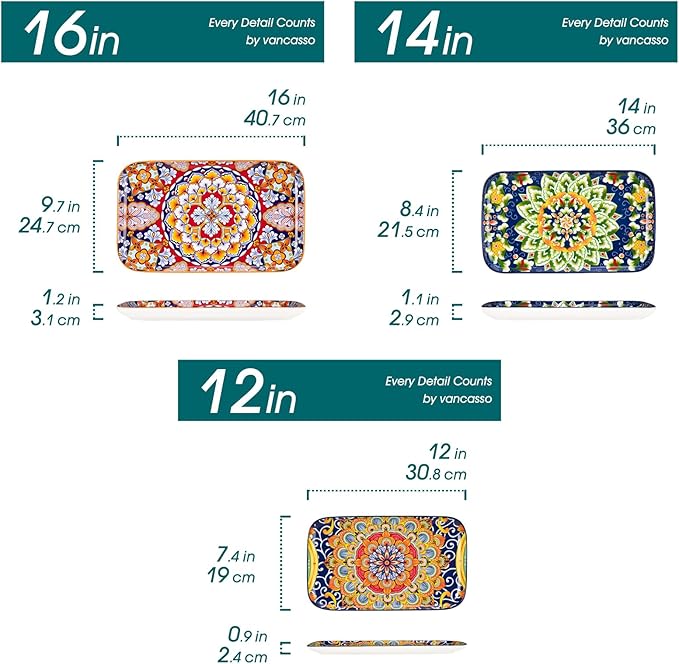 vancasso Serving Platters Set of 3, 16"/14"/12" Inch Rectangular Trays - Serving Platter Extra Large, Ceramic Bohemian Serving Dish for Entertaining Food, Microwave & Dishwasher Safe, Colorful
