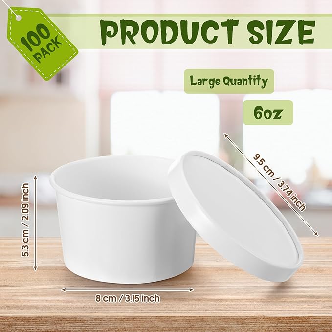 Fulmoon 100 Pack Paper Soup Containers with Lids Disposable Paper Food Containers with Vented Lid Kraft Ice Cream Cake Dessert Cups Soup Bowl for Party Hot Food Fruit Microwave(6 oz,White)