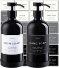 Hand and Dish Soap Dispenser for Kitchen and Bathroom, Set of 2 16 Oz Glass Bottles, Stainless Steel Pumps, Non-Slip Silicone Base, 27 Waterproof Labels (Gloss Black Bottle/Black Pump)