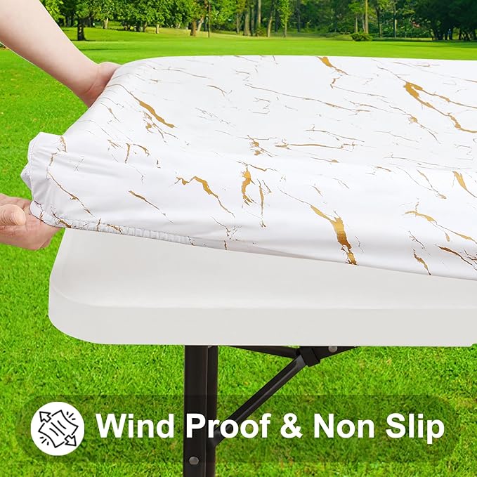Smiry Rectangle Table Cloth Cover, Waterproof Elastic Fitted Picnic Tablecloth for 6 Foot Tables, Wipeable Flannel Backed Vinyl Tablecloths for Camping, Dining, Outdoor (White, 30" x 72")
