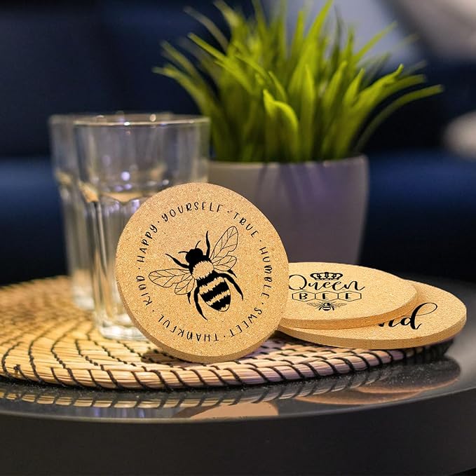 Coasters for Drinks with Holder Set of 6, Bee Coaster Absorbent Cork Wood for Cup Desk Office Table Kitchen Decor House Warming Gifts for New Home Couples, Round 4"
