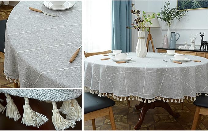 Dimatic Heavy Weight Cotton Linen Tablecloth, Plaid Tassel Round Table Cover for Kitchen Dining Room Tabletop Decorations, Round - 63", Grey