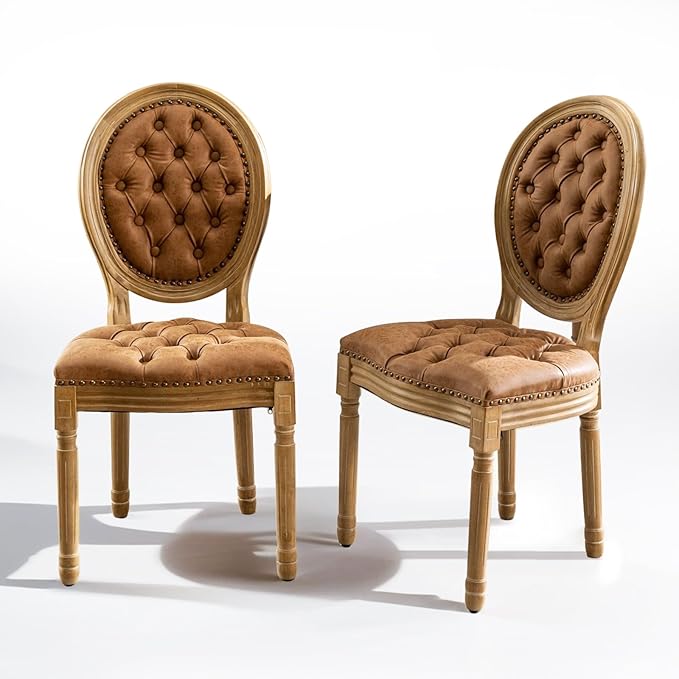 SoarFlash French Dining Chairs Set of 2, Vantage Dining Chair with Round Back, Wood Leg Farmhouse Country PU Leather Dining Chair for Kitchen,Bedroom,Orange