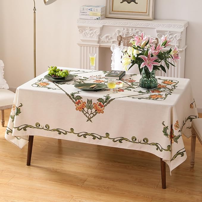 patdrea Designer Vintage Linen Rectangle Tablecloth,French Floral Tablecloths,Wrinkle Free Table Cloth,Decorative Table Cover Cloth for Kitchen,Dining,Tea Party,Home,Christmas,63"*110"