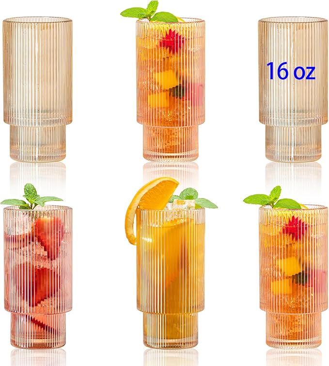 6 Pack Large 16Oz Ribbed Drinking Glasses Vintage Amber Set - Elegant ribbed glass cups, vintage drinking glasses for water, juice, cocktails, whiskey, iced coffee, smoothies – gift for home