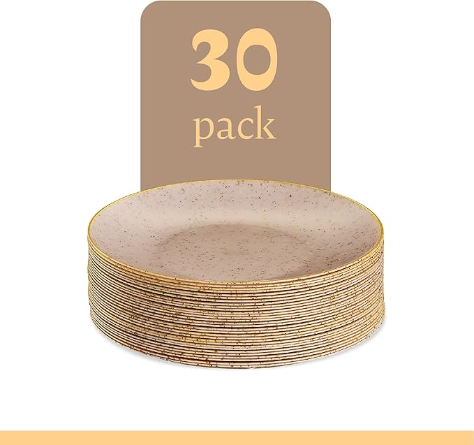 PLASTICPRO 30 Pack Disposable Plastic Plates Heavyweight Granite Look Elegant 7 inch Dinner Plates Pink with Gold Rim
