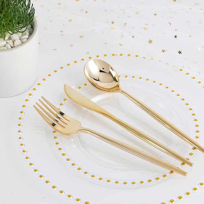 EI 60pcs Clear Plastic Plates with Gold Rim,Disposable Plastic Plates Fancy 10" Dinner & 7" Dessert Plate Heavy Duty for Wedding,Birthday,Afternoon Tea,Spring,Mother's Day,Valentine's Day,Easter