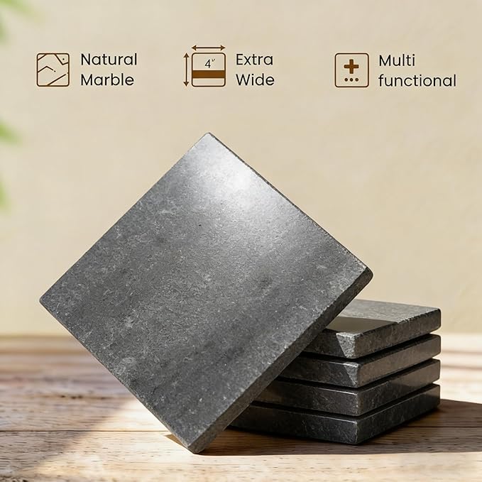 Natural Marble Coasters, Square Costers, Luxury Aesthetic Modern Decor for Coffee Table Bar Kitchen Home, Grey Marble, Real Natural Semi Absorbent Stone Coasters
