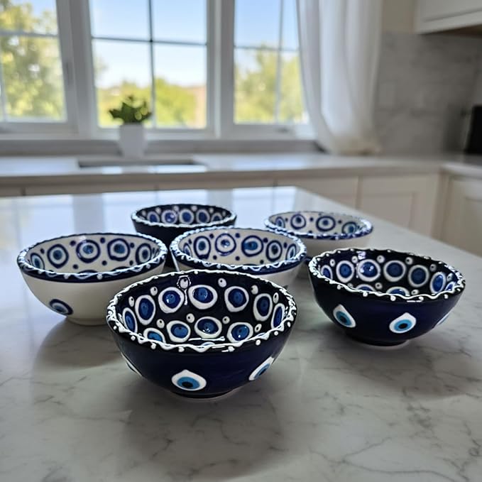 Handmade Decorative Turkish Ceramic Mini Pinch Bowls Set of 6 – Small Dipping & Serving Sauce Bowls, Charcuterie Accessories, Hand-Painted Evil Eye Pattern Snack Dishes for Kitchen & Table Decor